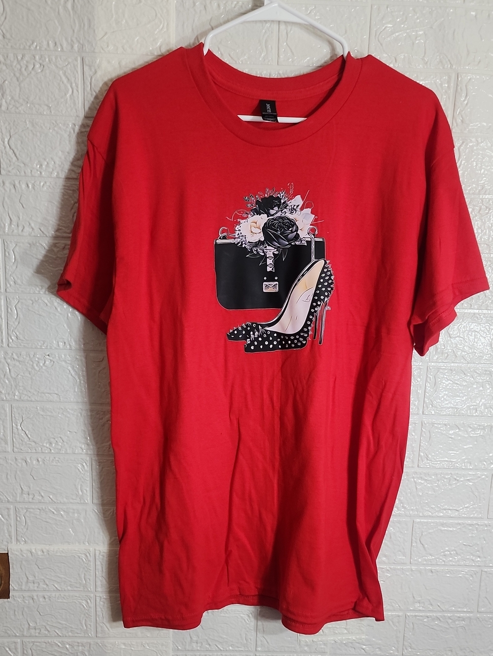 Ladies Red Graphic Tee with Shoe & Bag Print